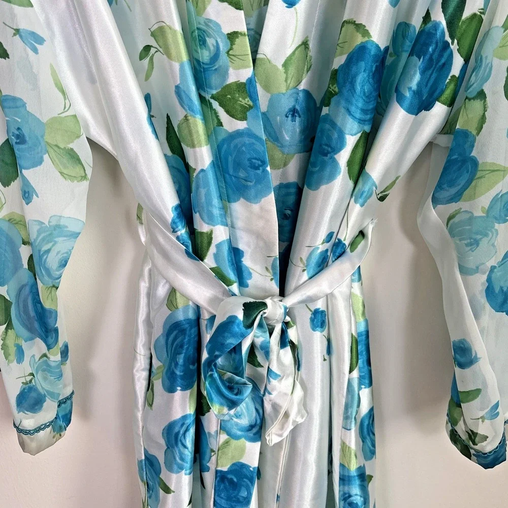 Vtg California‎ Dynasty Womens Robe Sz L Satin Floral Long White Blue Tie
